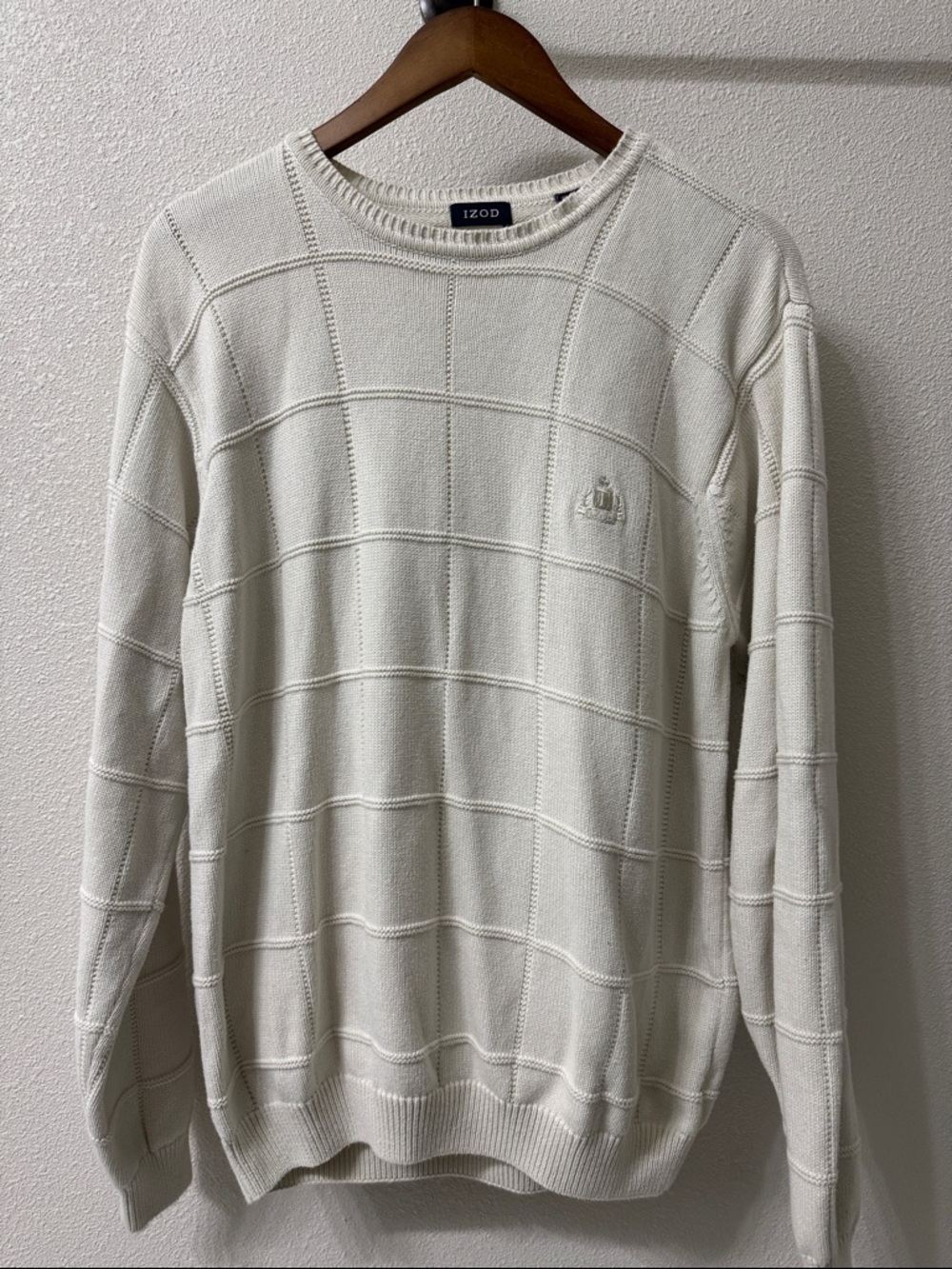 Vintage Izod Cream Crewneck Sweater with Grid Knit 100% Cotton